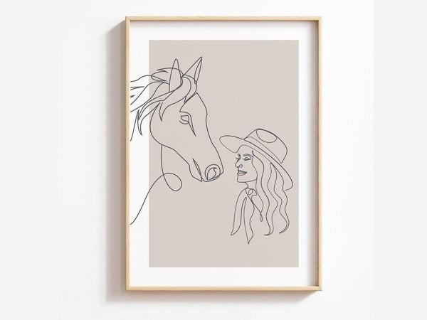 Line Native CowGirl and Horse Wall Art