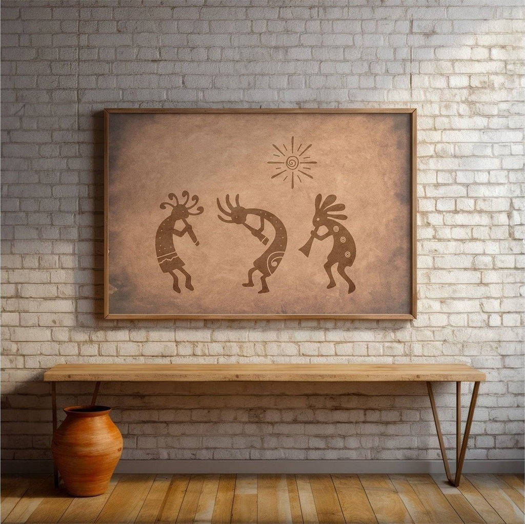 Three retro Kokopelli dancing at sunrise Printable Wall Art