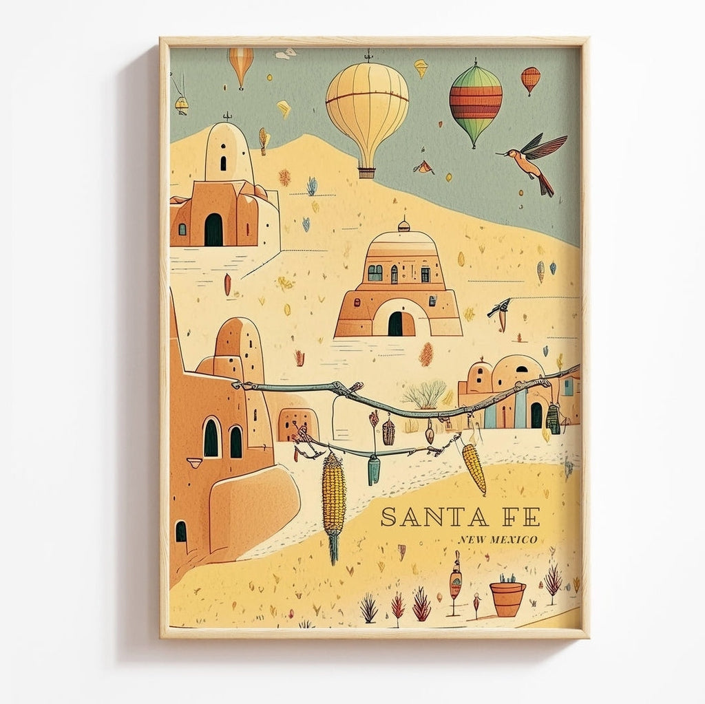 Santa Fe State Map Infused with Native American Artistry Printable Art Wall