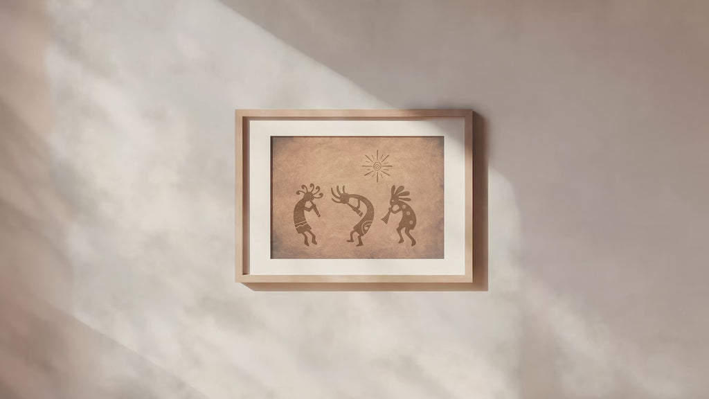 Three retro Kokopelli dancing at sunrise Printable Wall Art