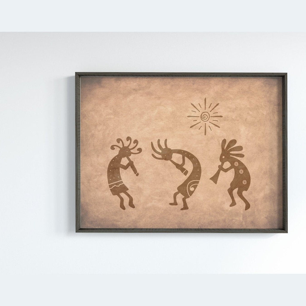 Three retro Kokopelli dancing at sunrise Printable Wall Art