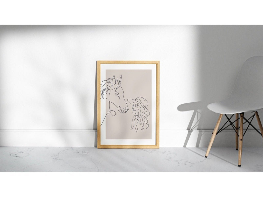 Line Native CowGirl and Horse Wall Art